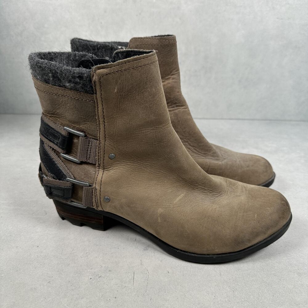 Sorel Boots Womens Size 9.5 Brown Taupe Lolla Ankle Strap Back Zip Leather